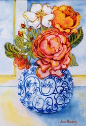 Landhausrosen, runde blaue und weiße Vase, 2004